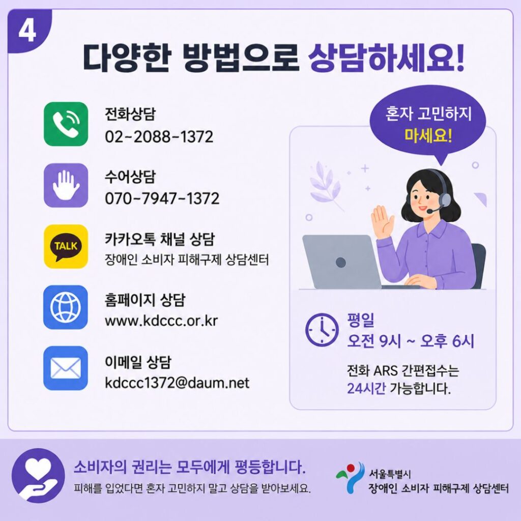 다양한 방법으로 상담 받으세요.
전화상담 02-2088-1372
수어상담 070-7947-1372
카카오톡 채널 상담 : 장애인 소비자 피해구제 상담센터
홈페이지 상담 : www.kdccc.or.kr
이메일 상담 : kdccc1372@daum.net